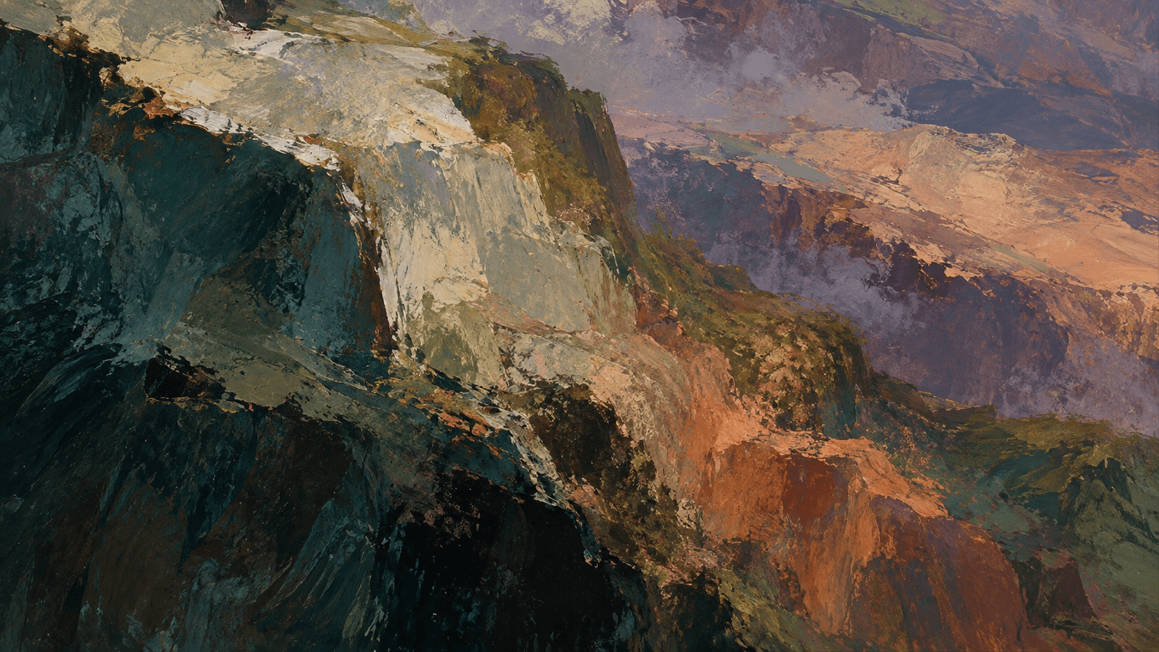 Abstract painting in deep teal, earthy gold, and muted coral