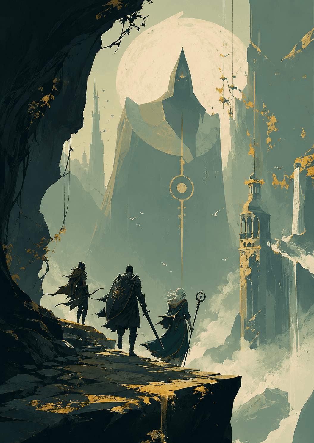 Adventurers approaching a monumental fantasy city beneath a bright moon