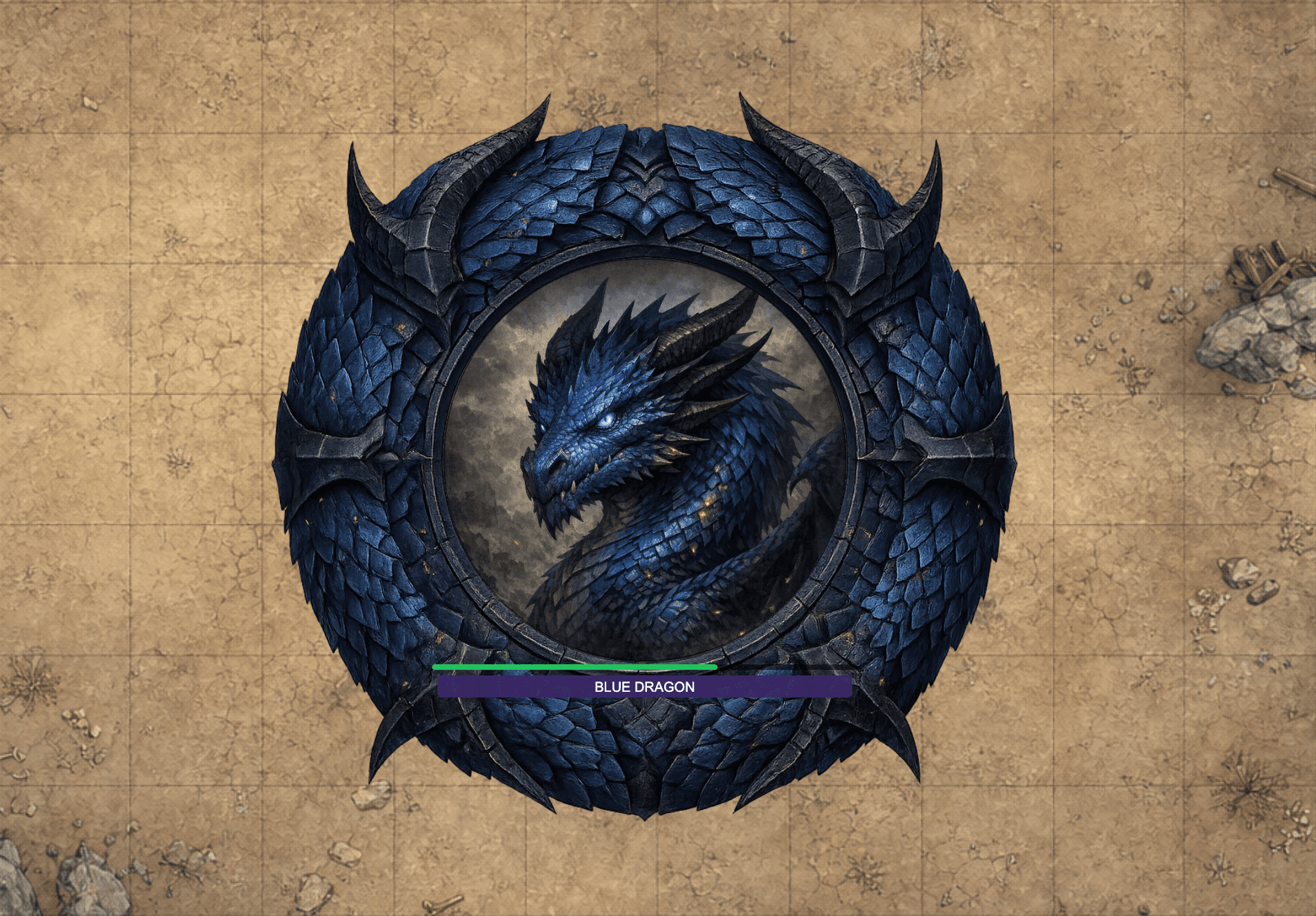 A custom blue dragon frame placed over a fantasy battlemap