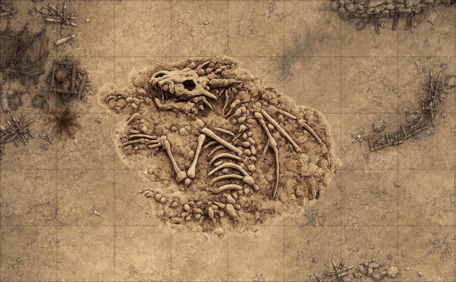 A skeletal dragon map prop placed over a fantasy battlemap