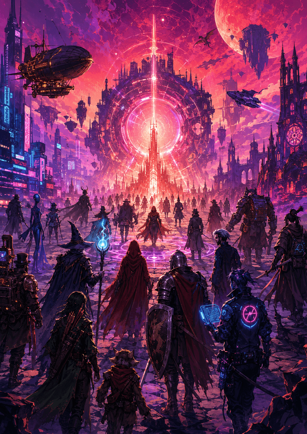 Adventurers from different fantasy worlds gathering before a luminous portal city
