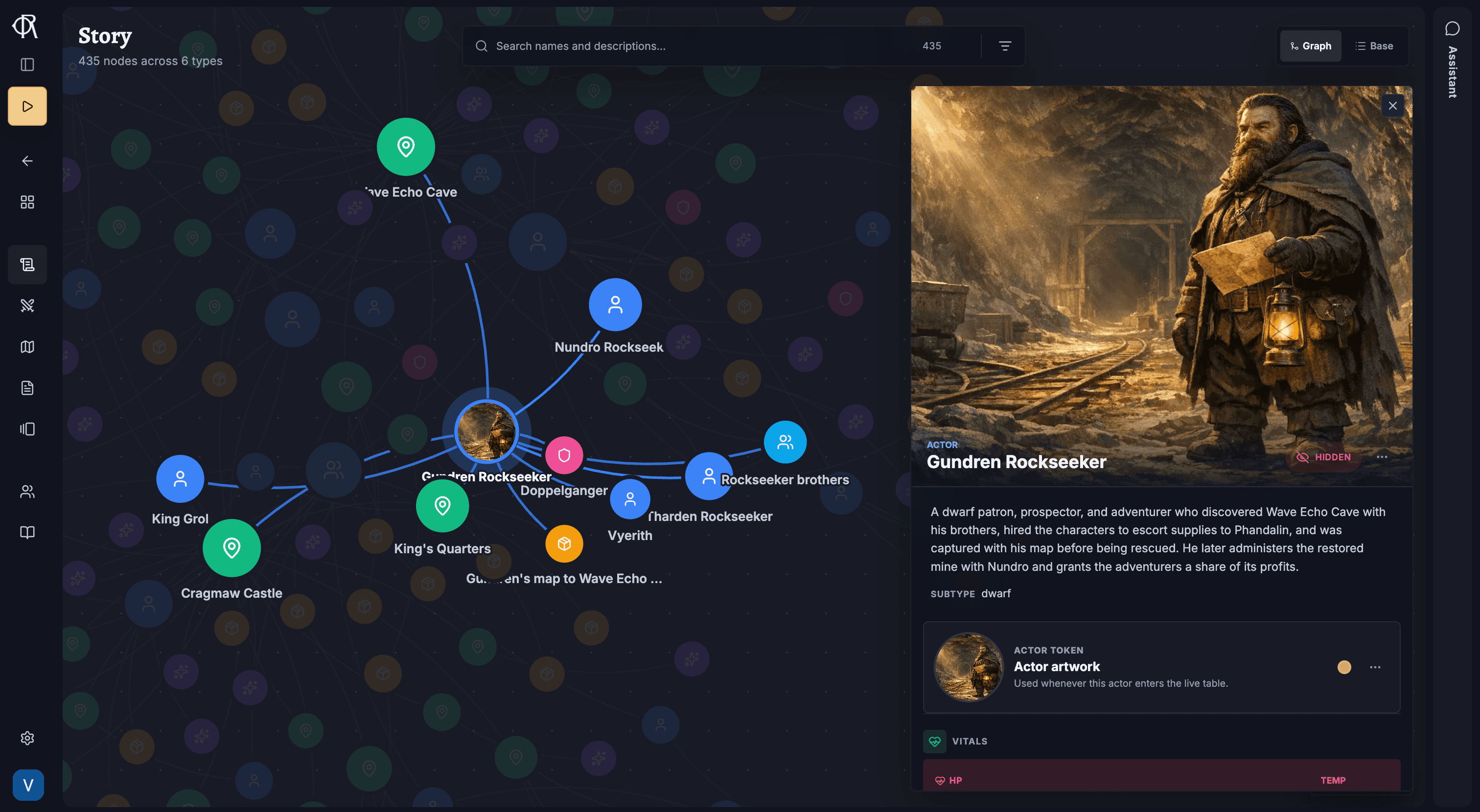 One Realm campaign workspace showing connected story content and the campaign assistant