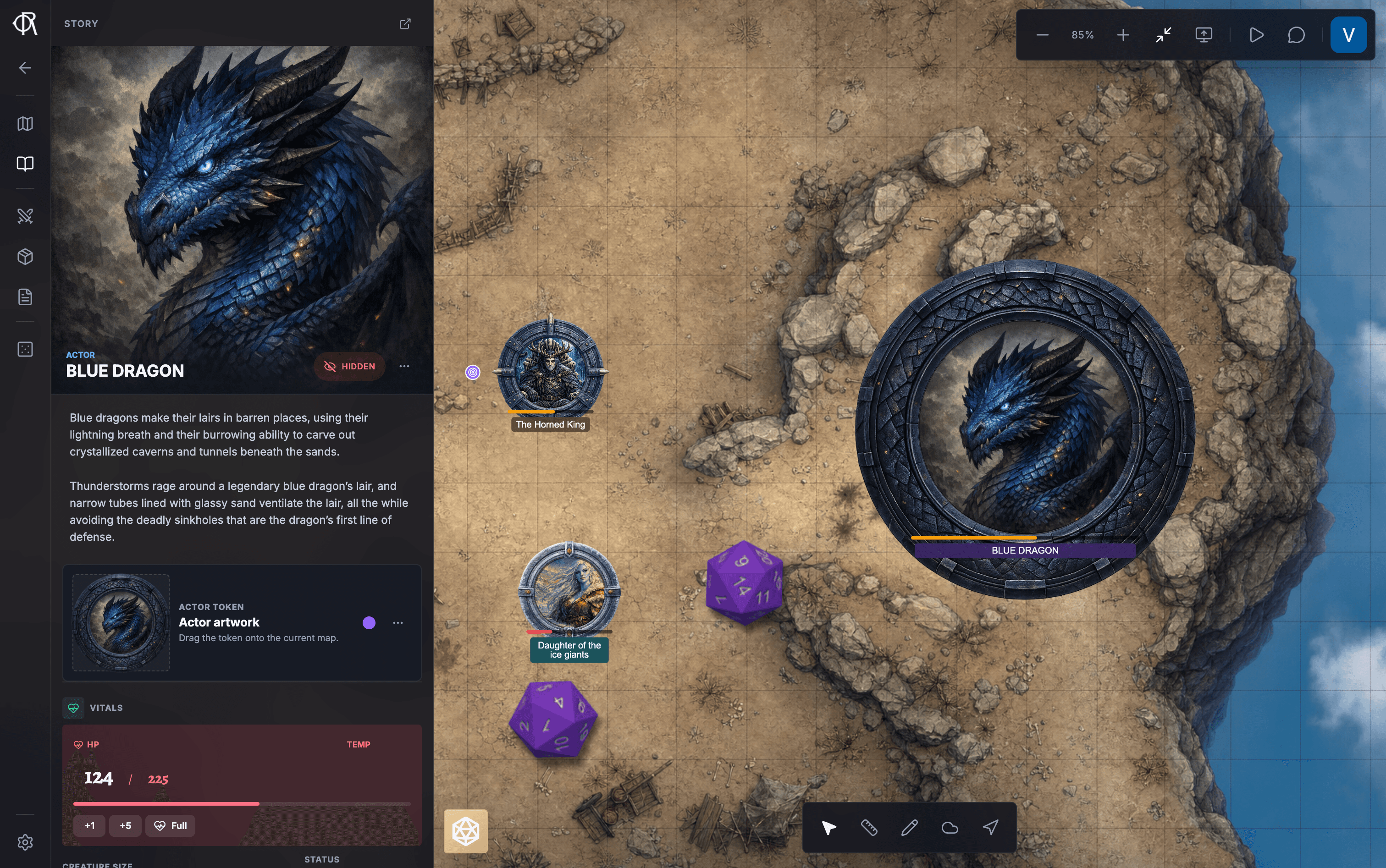 One Realm virtual tabletop with a battlemap, character tokens, and the campaign assistant